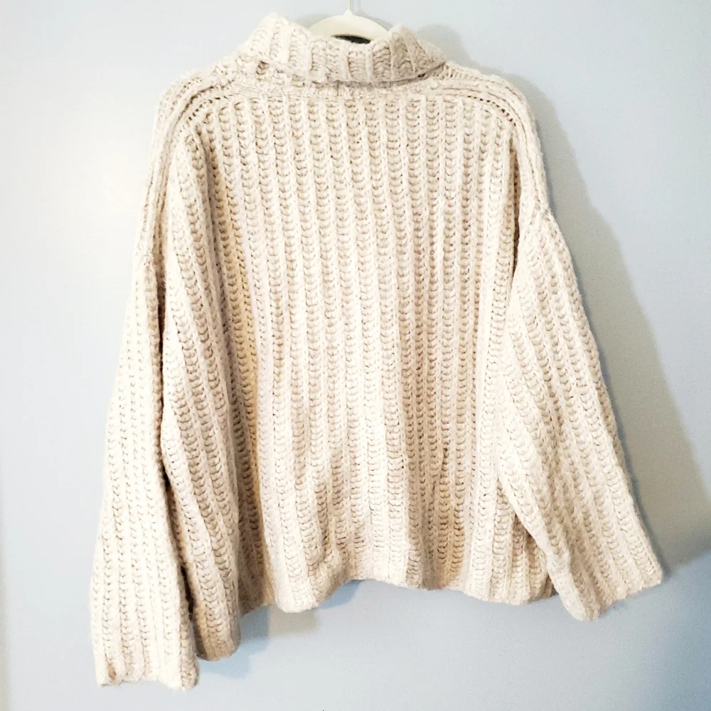Free People Alpaca Wool Blend Chunky Knit Turtleneck Sweater Cream Oversized S